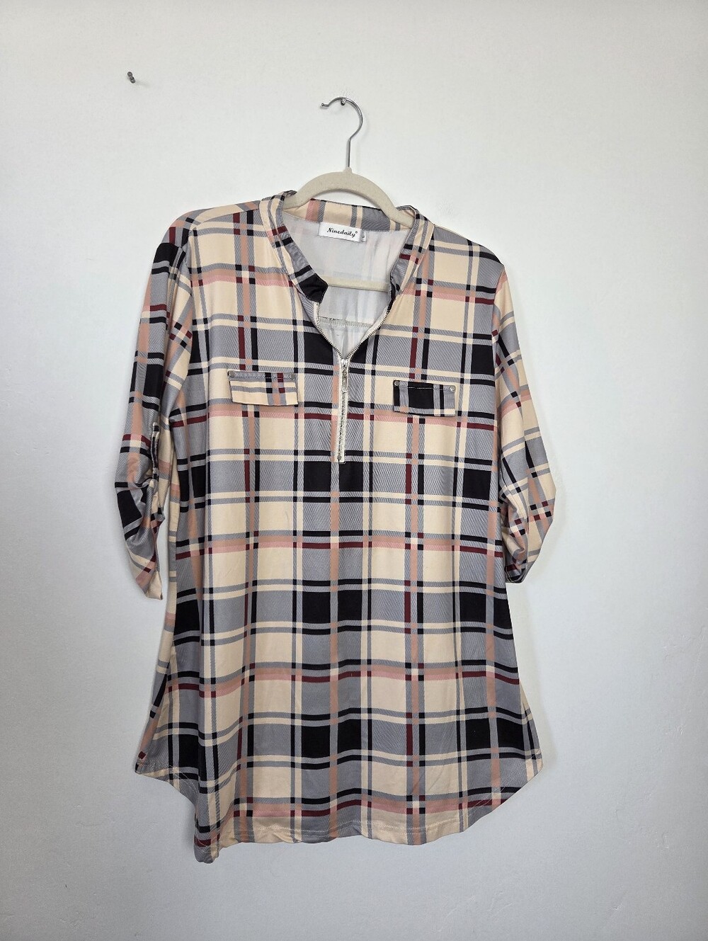 Ninedaily Soft Knit Plaid Print Tunic Top Stretchy Comfy Every Day Zipper Large
